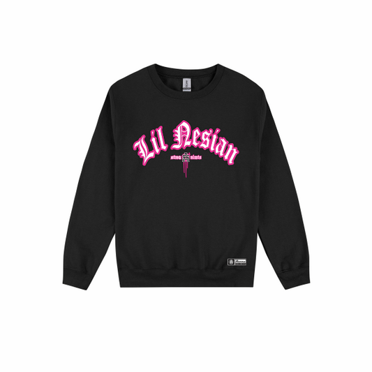 Lil Nesian with SA Logo in pink and white text on black crewneck