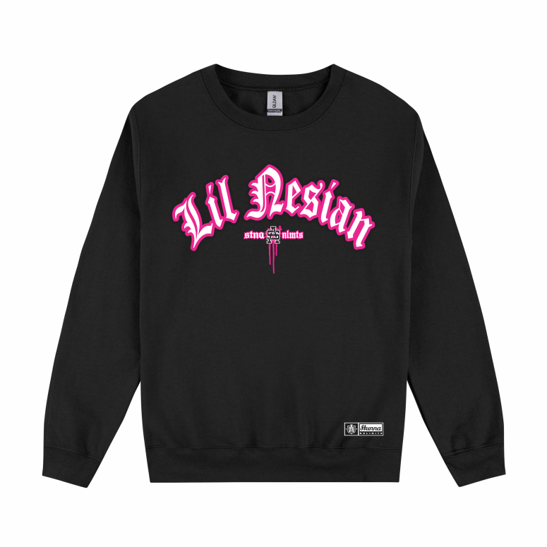Lil Nesian text in pink and white colour on black crew