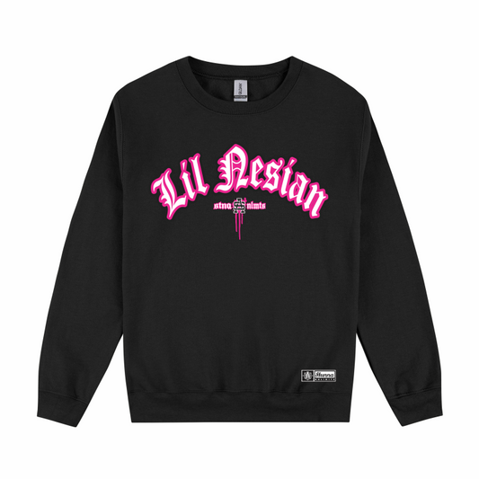 Lil Nesian text in pink and white colour on black crew