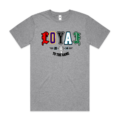 Front print mixed font, athletic inspired, loyal to the game typo design and multi coloured on grey tshirt