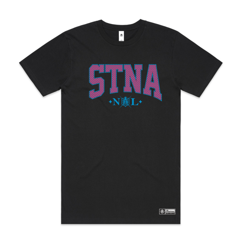 stna screenprinted front location on black tshirt