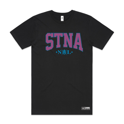 stna screenprinted front location on black tshirt
