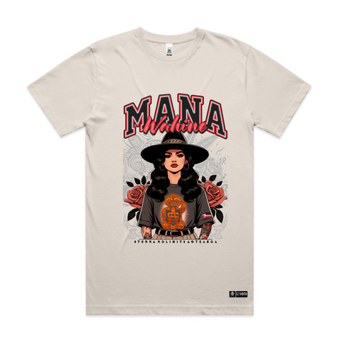 Front mockup, Mana wahine on bone tshirt, image of a mana wahine standing strong, Māori inspired patterns, roses, SA logo incorporated. 