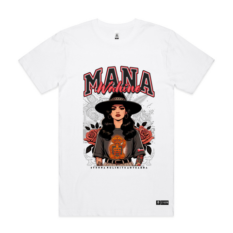 Front mockup, Mana wahine on white tshirt, image of a mana wahine standing strong, Māori inspired patterns, roses, SA logo incorporated. Sizes from 4XL to 7XL