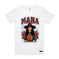 Front mockup, Mana wahine on white tshirt, image of a mana wahine standing strong, Māori inspired patterns, roses, SA logo incorporated. Sizes from 4XL to 7XL