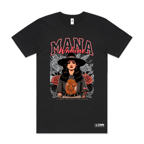 Mana wahine image tshirt Aotearoa on a black tshirt