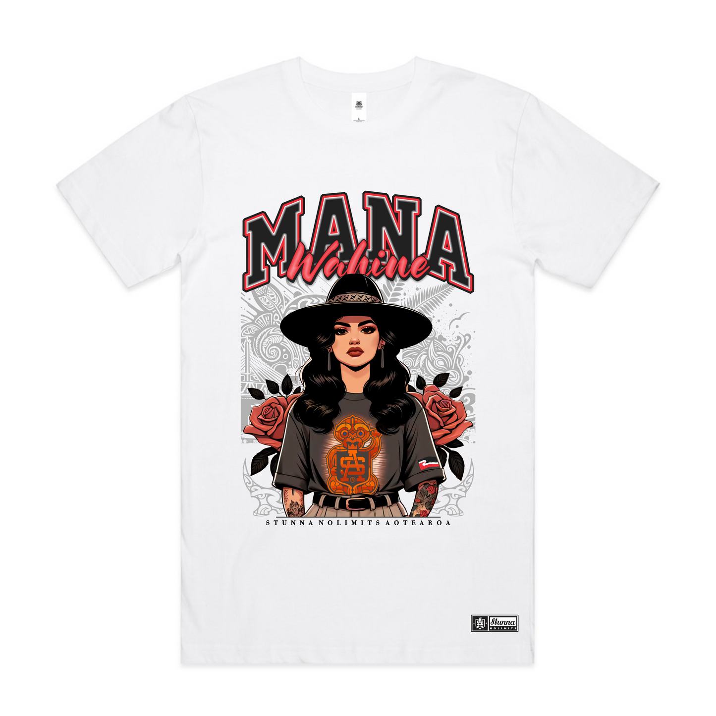 Mana wahine native image tshirt on a white tshirt