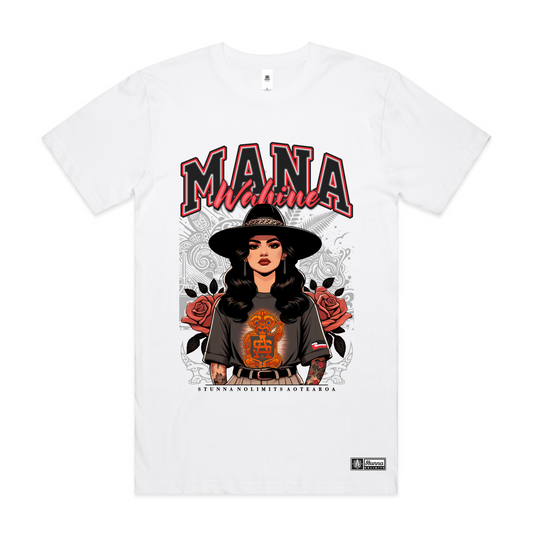 Mana wahine native image tshirt on a white tshirt