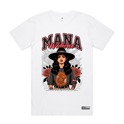 Mana wahine native image tshirt on a white tshirt