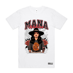 Mana wahine native image tshirt on a white tshirt
