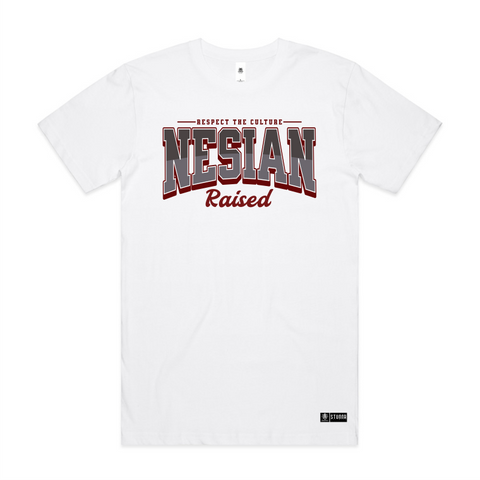Typo design, Respect the culture, nesian raised, multi coloured print on white AS colour block tshirt