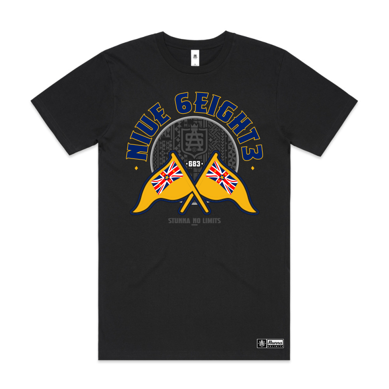 Black t-shirt with Niue flag design and text on a white background
