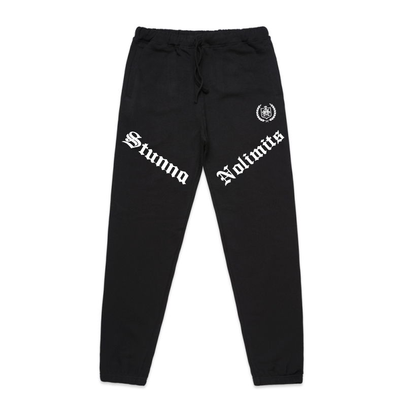 SA logo, Stunna print on righrt side and Nolimits print on left side, black trackpants