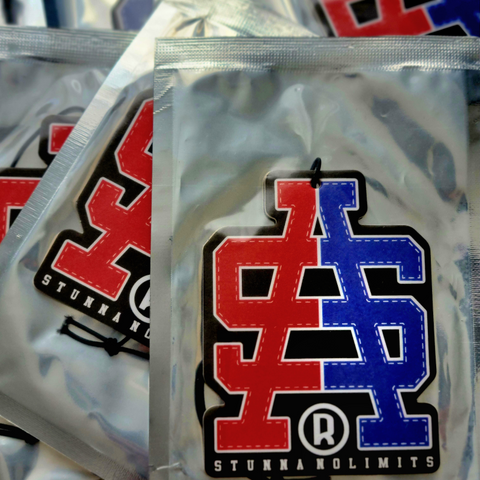 Product images of bulk SA logo car freshners, red and blue coloured.