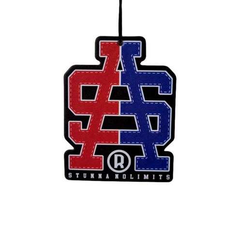 Individual product image of a hanging SA logo, on blank background- red and blue coloured.