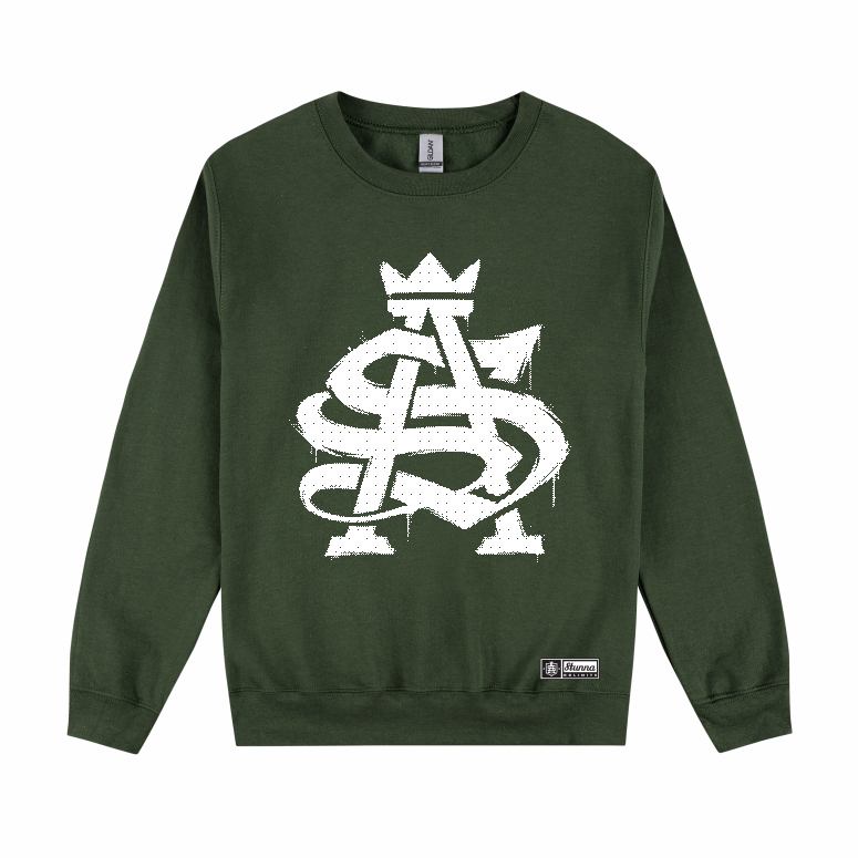 SA Drip white print on army green crew