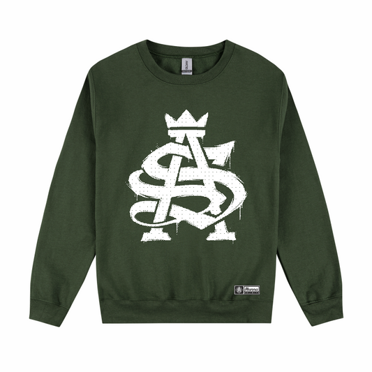 SA Drip white print on army green crew