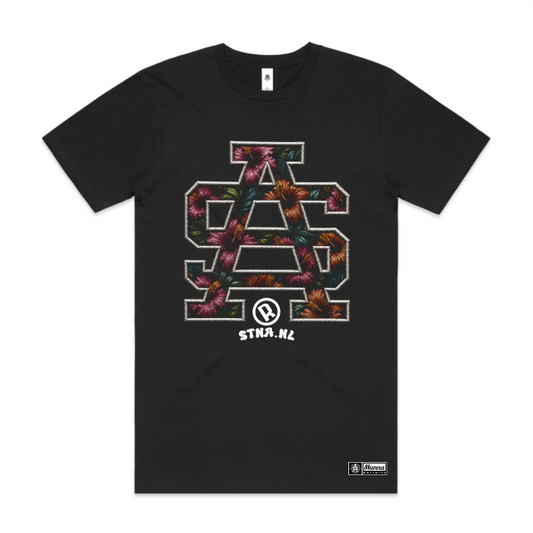 Black t-shirt with floral SA design, embroidered effect