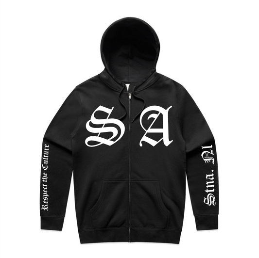 SA large print on front location with sleeve print on black zip hoody