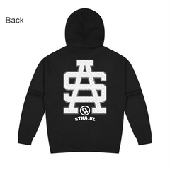 SA logo grey and white large print on black hood back location