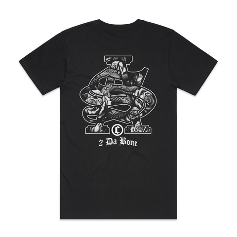 Back print of large SA, snakes & roses inside patterns and white coloured print on black AS Colour block tshirt and urban collab 7xl
