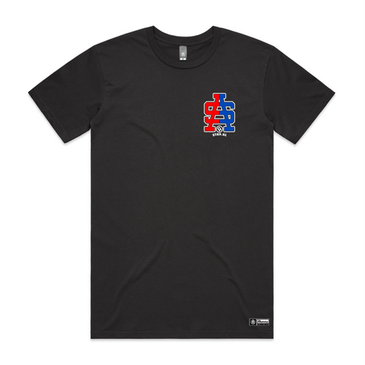 SA half red and blue logo on black tshirt
