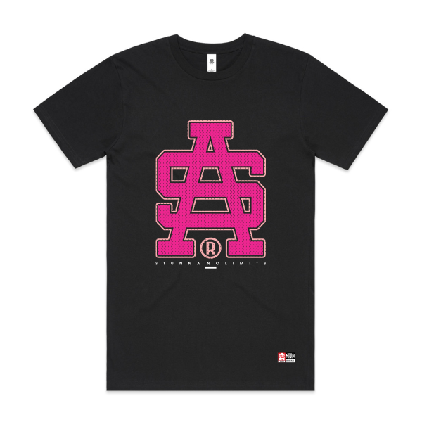 Black t-shirt with pink SA logo on a white background