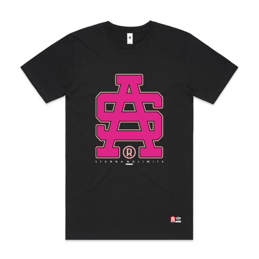 Black t-shirt with pink SA logo on a white background