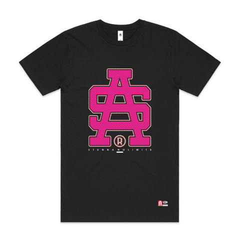 Black t-shirt with pink SA logo on a white background
