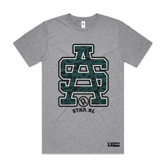 Front mockup, SA logo, inside camo patterns, main print colour- dark green, printed on grey AS Colour block tshirt and urban collab 7xl
