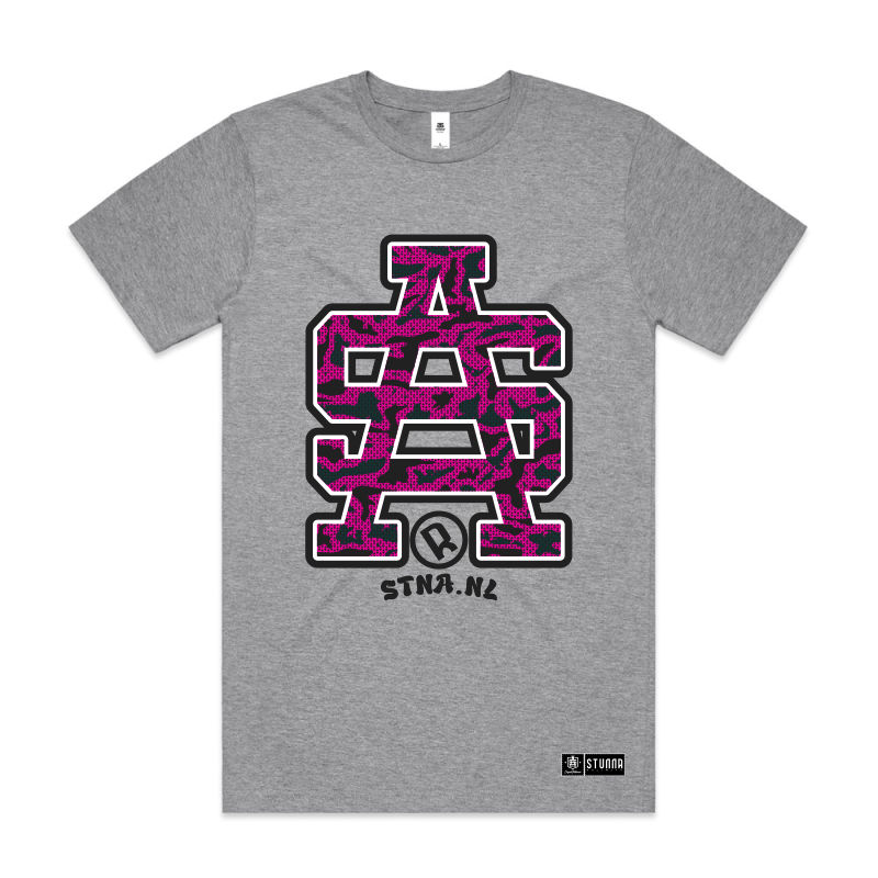 Front mockup, SA logo, inside army camo patterns, main colour- pink printed on grey AS Colour block tshirt and urban collab 7xl