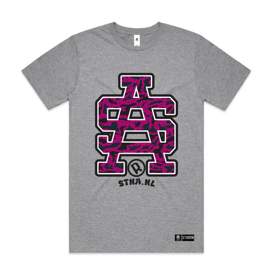 Front mockup, SA logo, inside army camo patterns, main colour- pink printed on grey AS Colour block tshirt and urban collab 7xl