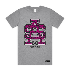 Front mockup, SA logo, inside army camo patterns, main colour- pink printed on grey AS Colour block tshirt and urban collab 7xl
