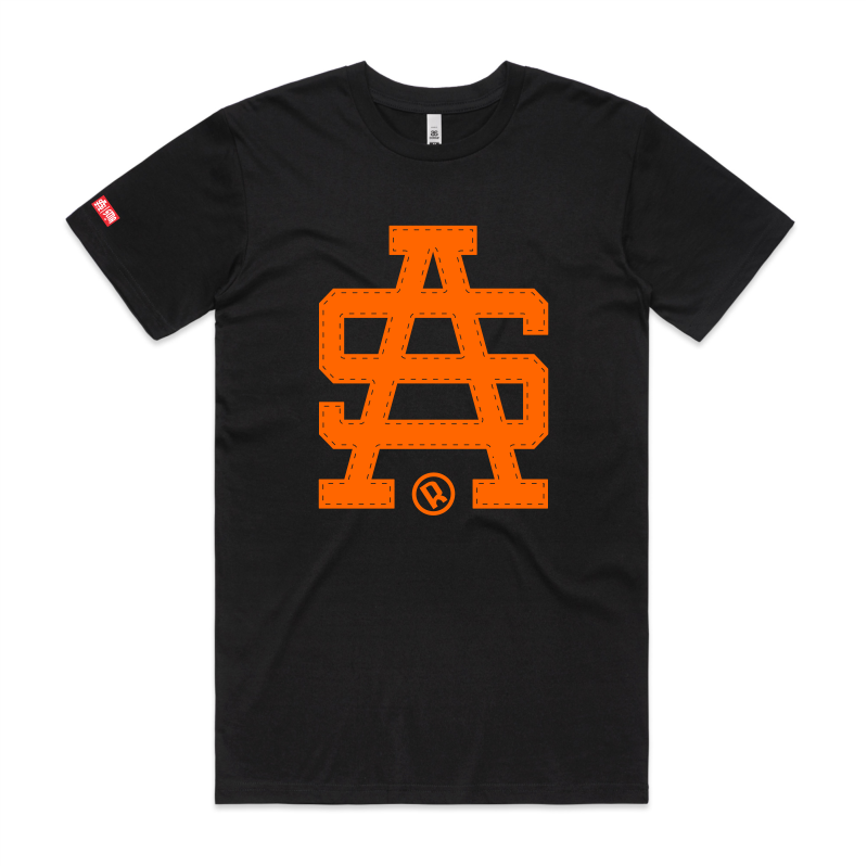 SA stitch colour orange, front location on black tshirt