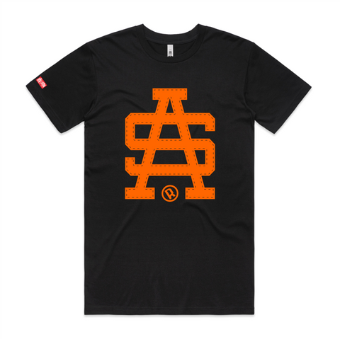 SA stitch colour orange, front location on black tshirt