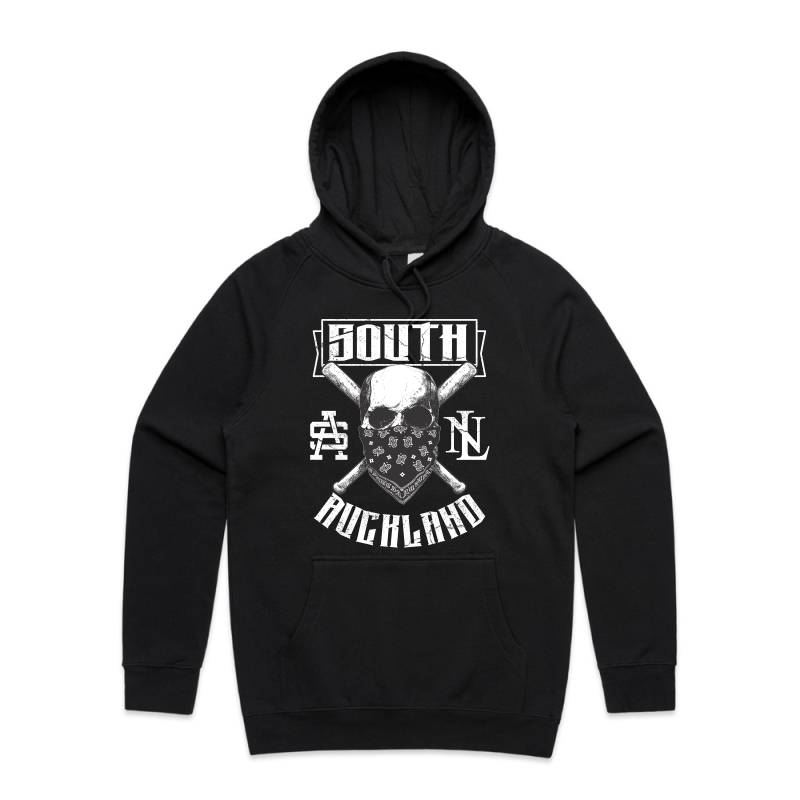 south auckland skull, white printed on supply hood front location