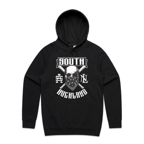 south auckland skull, white printed on supply hood front location