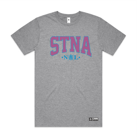 stna screenprinted front location on grey tshirt