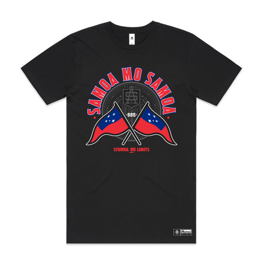 Black t-shirt with Samoa-themed graphic design on a white background