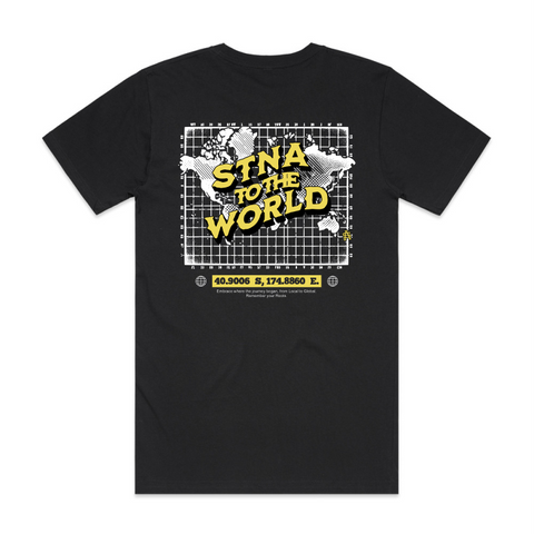 Back mock up image of stna 2 da world on map, white and yellow print colour on black premium tshirts