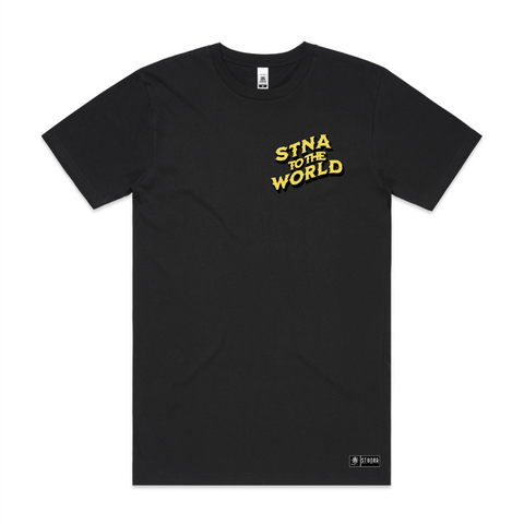 pocket size logo of stna 2 da world typography, printed on black premium quality tshirts- stunna tag on bottom left