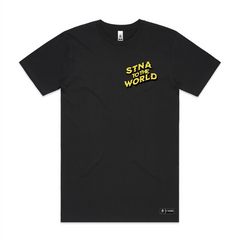 pocket size logo of stna 2 da world typography, printed on black premium quality tshirts- stunna tag on bottom left