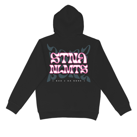 Stna Nlmits pink and grey typography, back location on black hood