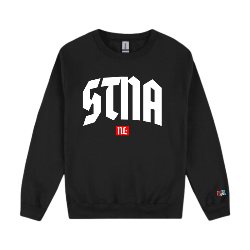 Stna typography, large front location on black crew