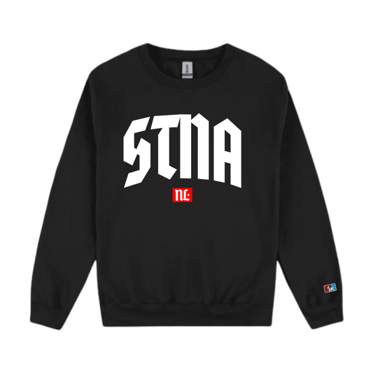 Stna typography, large front location on black crew