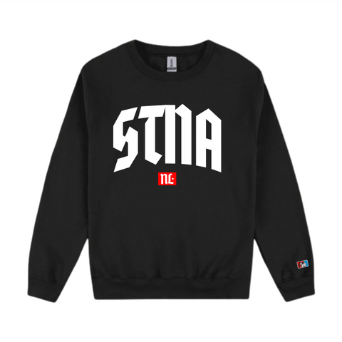 Stna typography, large front location on black crew