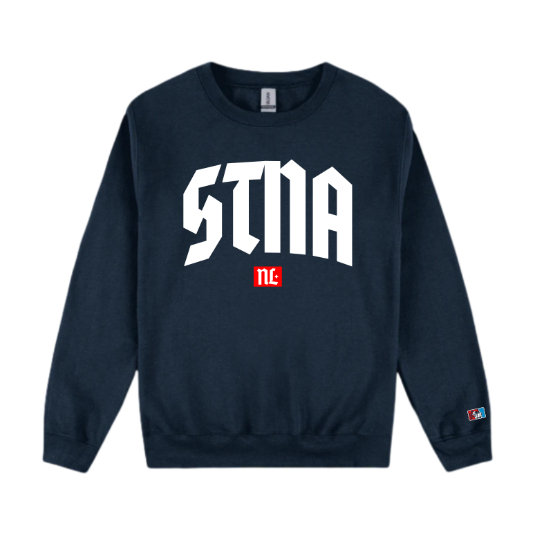 Stna typography with NL logo on front location navy crew