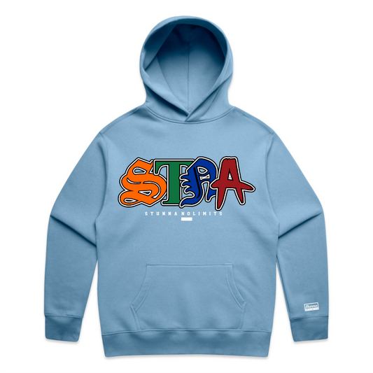 large typography. streetwear inspired. front location on a baby blue relax hood