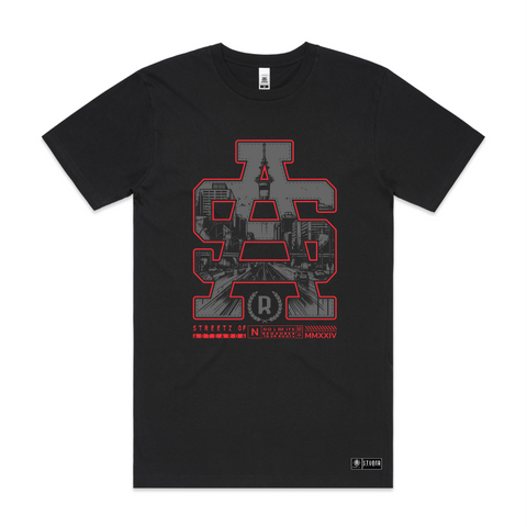 Front mockup image, SA logo with inside design of Aotearoa streets inspired and Auckland Sky tower on black premium quality tshirts. Stunna tag on bottom left. Screen printed image. Available only for 7XL
