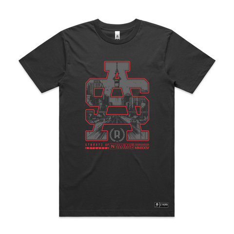 Front mockup image, SA logo with inside design of Aotearoa inspired and Auckland Sky tower on coal premium quality tshirts. Stunna tag on bottom left. Screen printed image